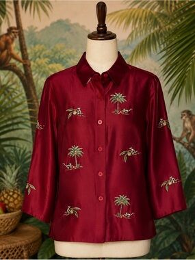Silkland Size 8 Burgundy Red 3/4 Sleeve Embroidered Monkeys Palm Trees Blouse